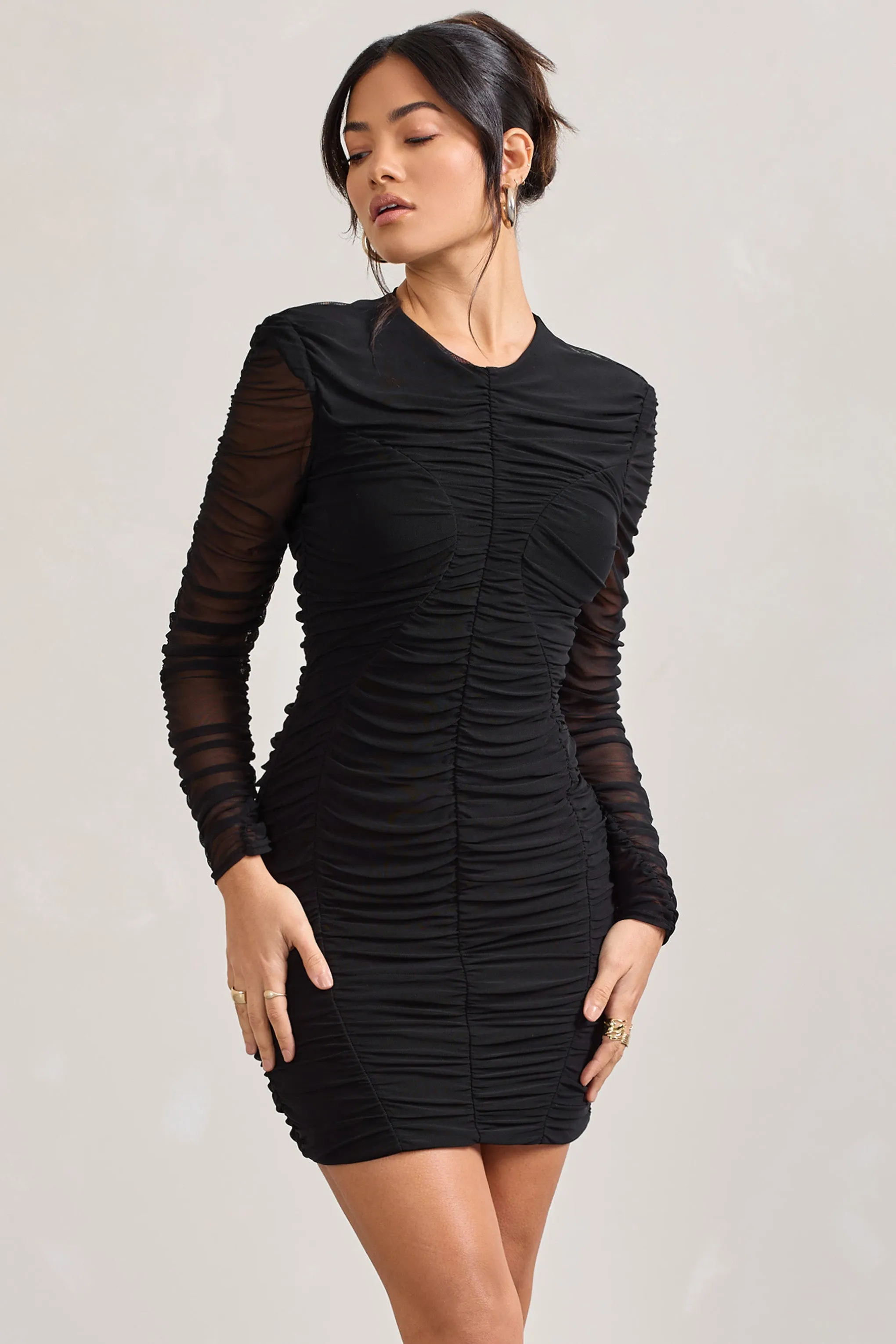 Euphoria | Black Ruched Long Sleeve Mini Dress