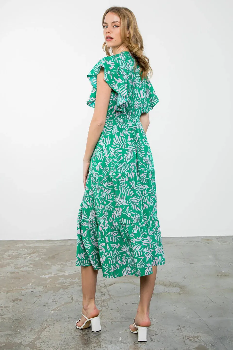 Flutter Sleeve Tiered Midi Dress - Green/Pink