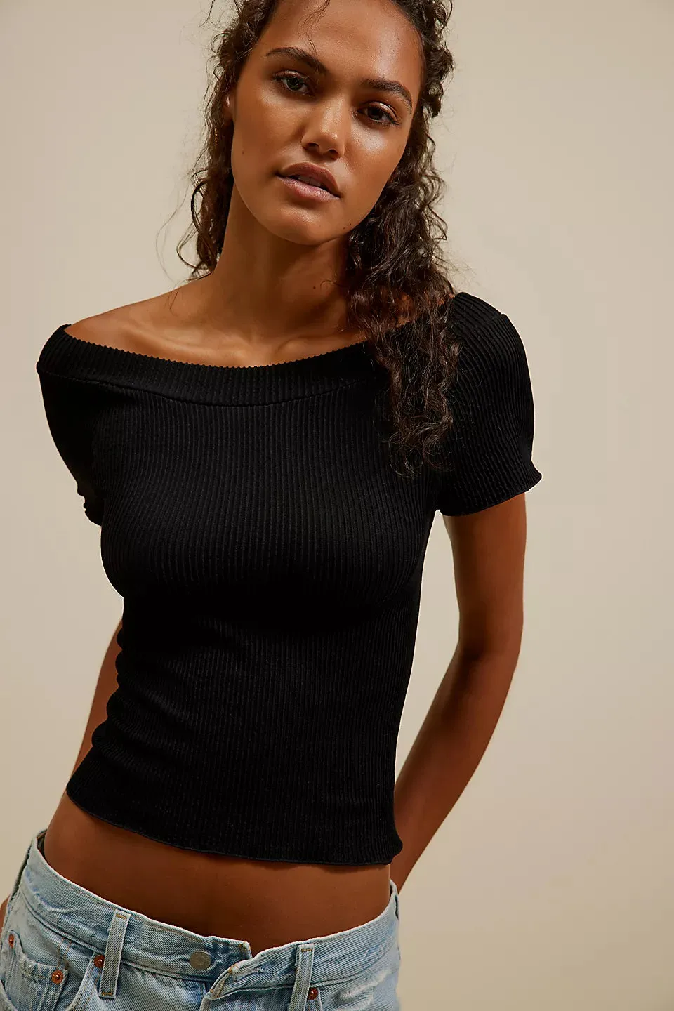 Free People Ribbed Seamless Off Shoulder Black