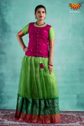 Girls Green Organza Dahlia Pattu Pavadai