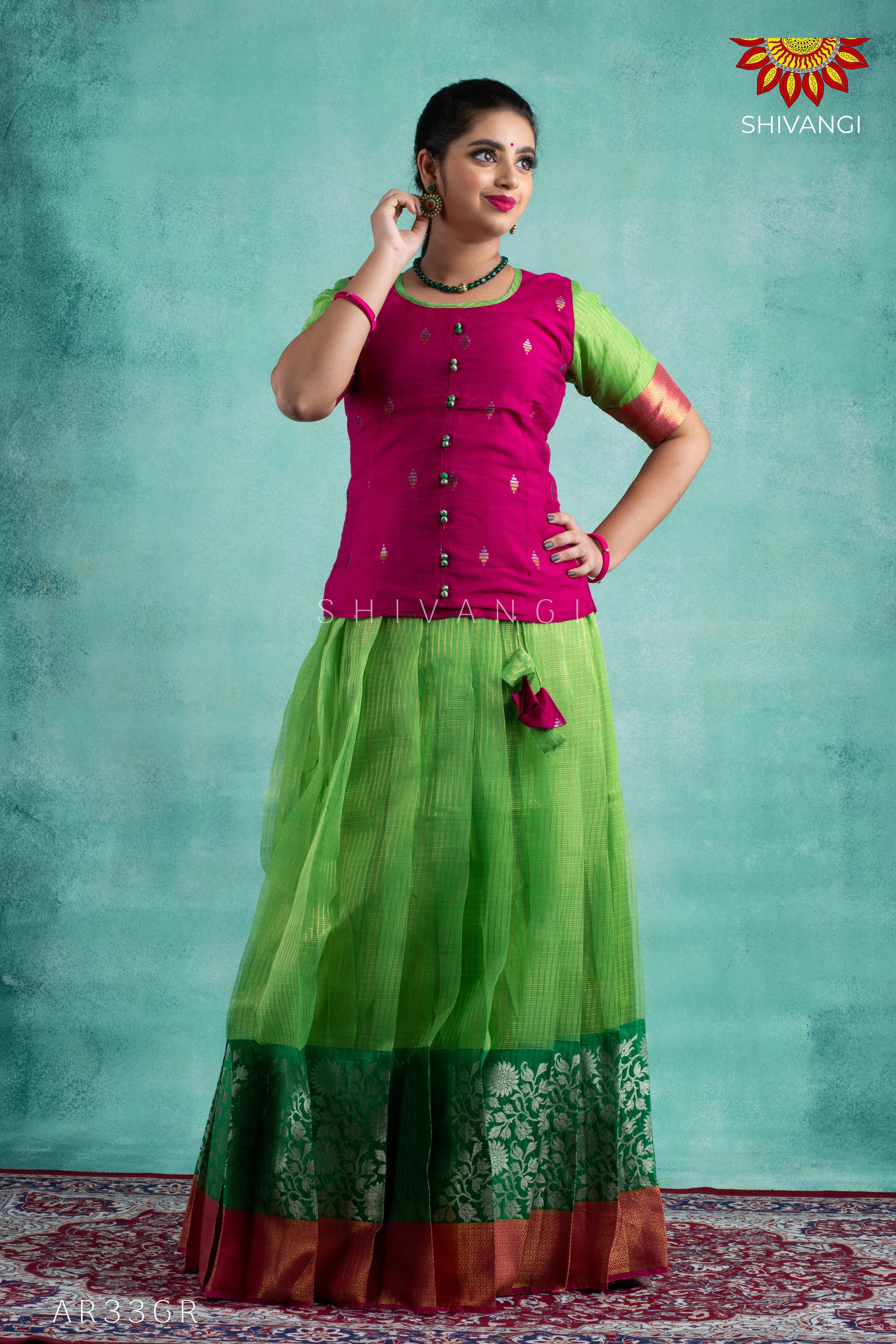 Girls Green Organza Dahlia Pattu Pavadai