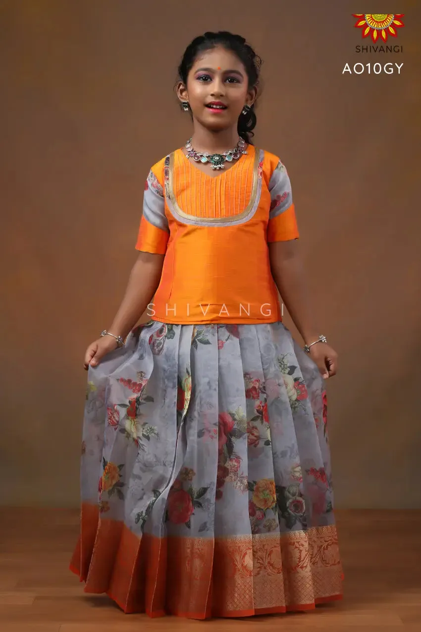 Girls Grey Organza Digital Print Pattu Pavadai