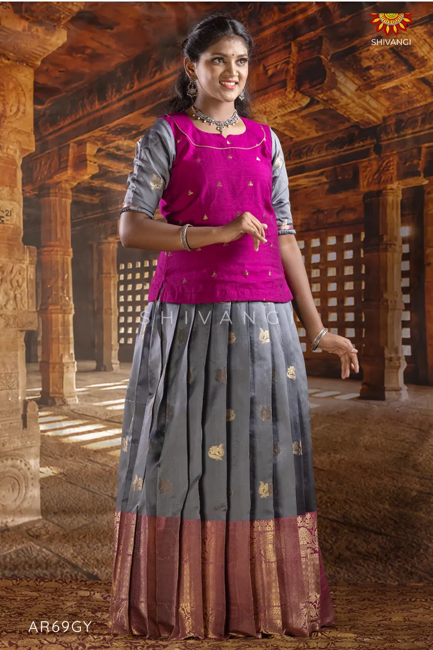 Girls Grey Rock Trumpet Pattu Pavadai | Langa