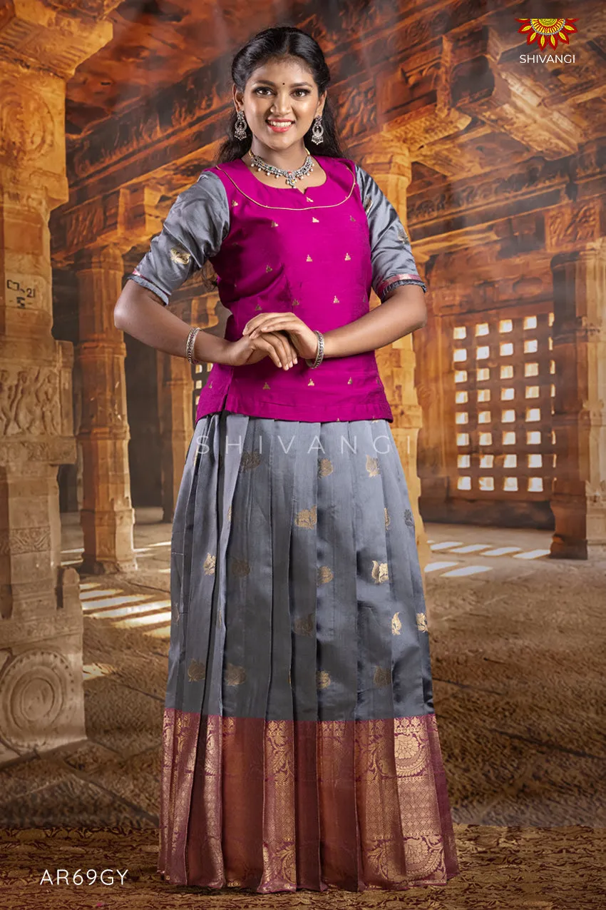 Girls Grey Rock Trumpet Pattu Pavadai | Langa