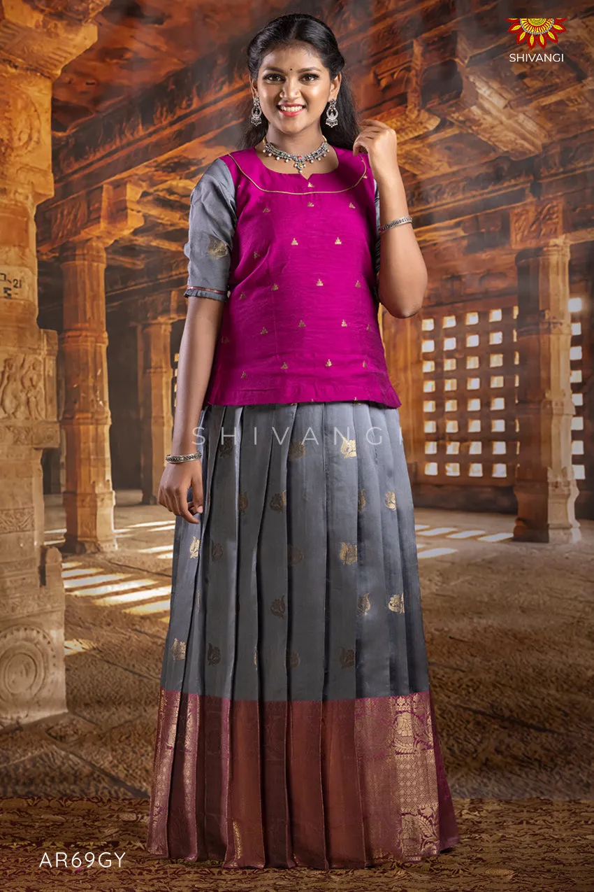 Girls Grey Rock Trumpet Pattu Pavadai | Langa