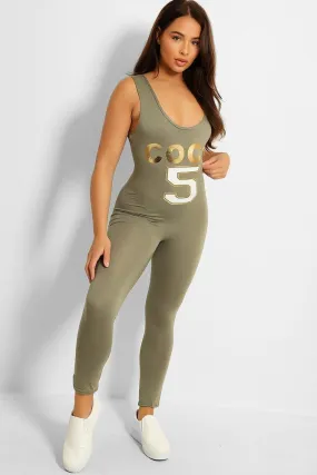 Gold Foil Number 5 Print Open Back Jersey Catsuit