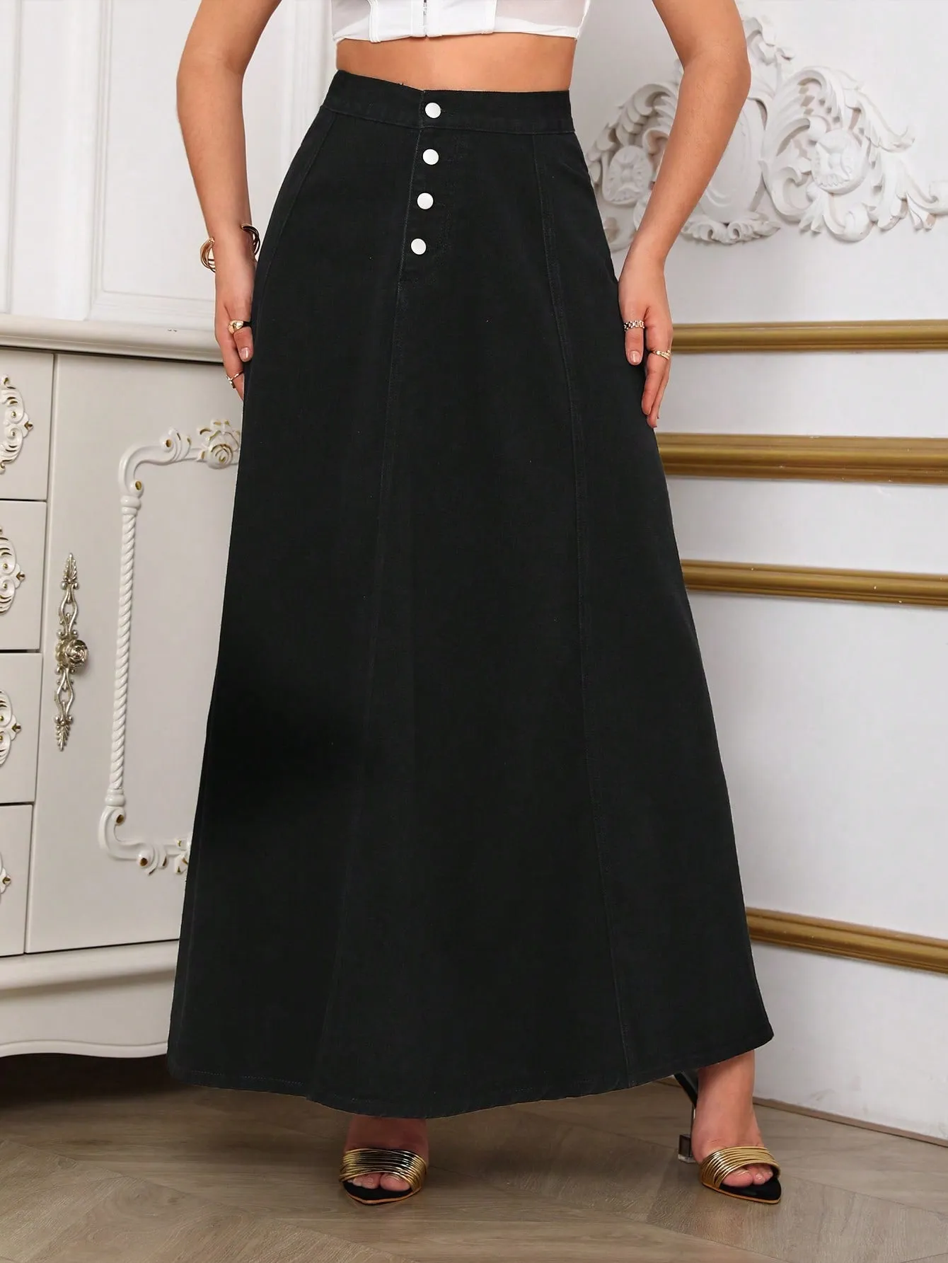 High Waist Button Fly Flare Skirt