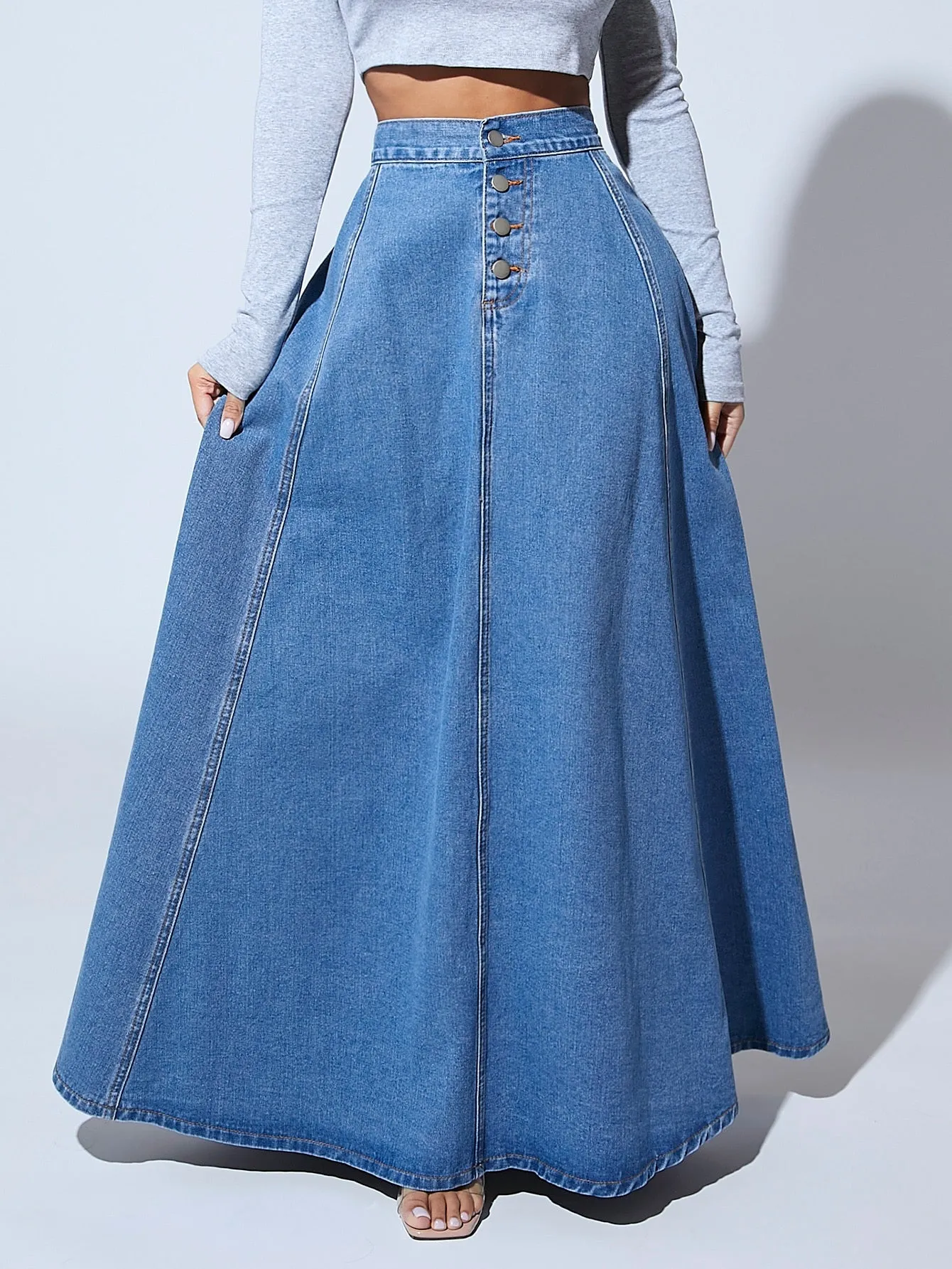 High Waist Button Fly Flare Skirt