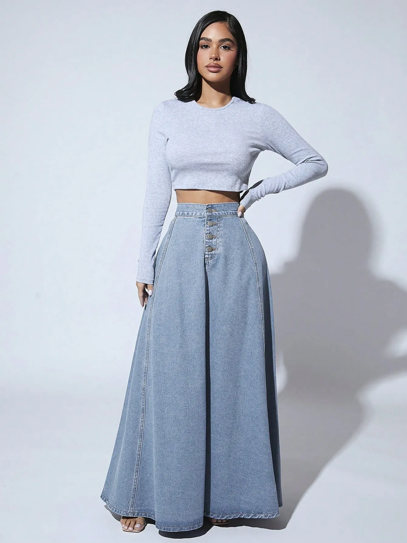 High Waist Button Fly Flare Skirt