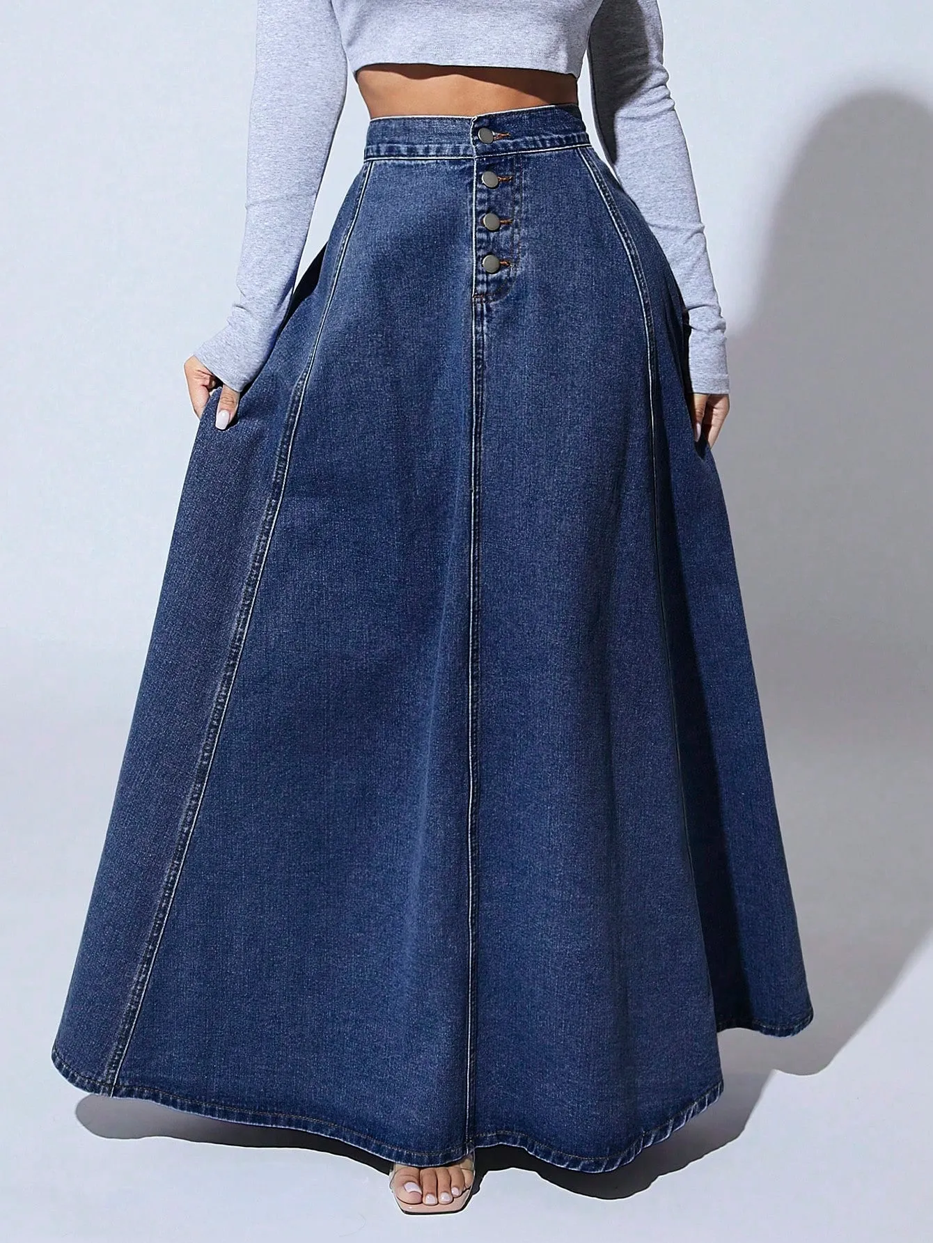 High Waist Button Fly Flare Skirt