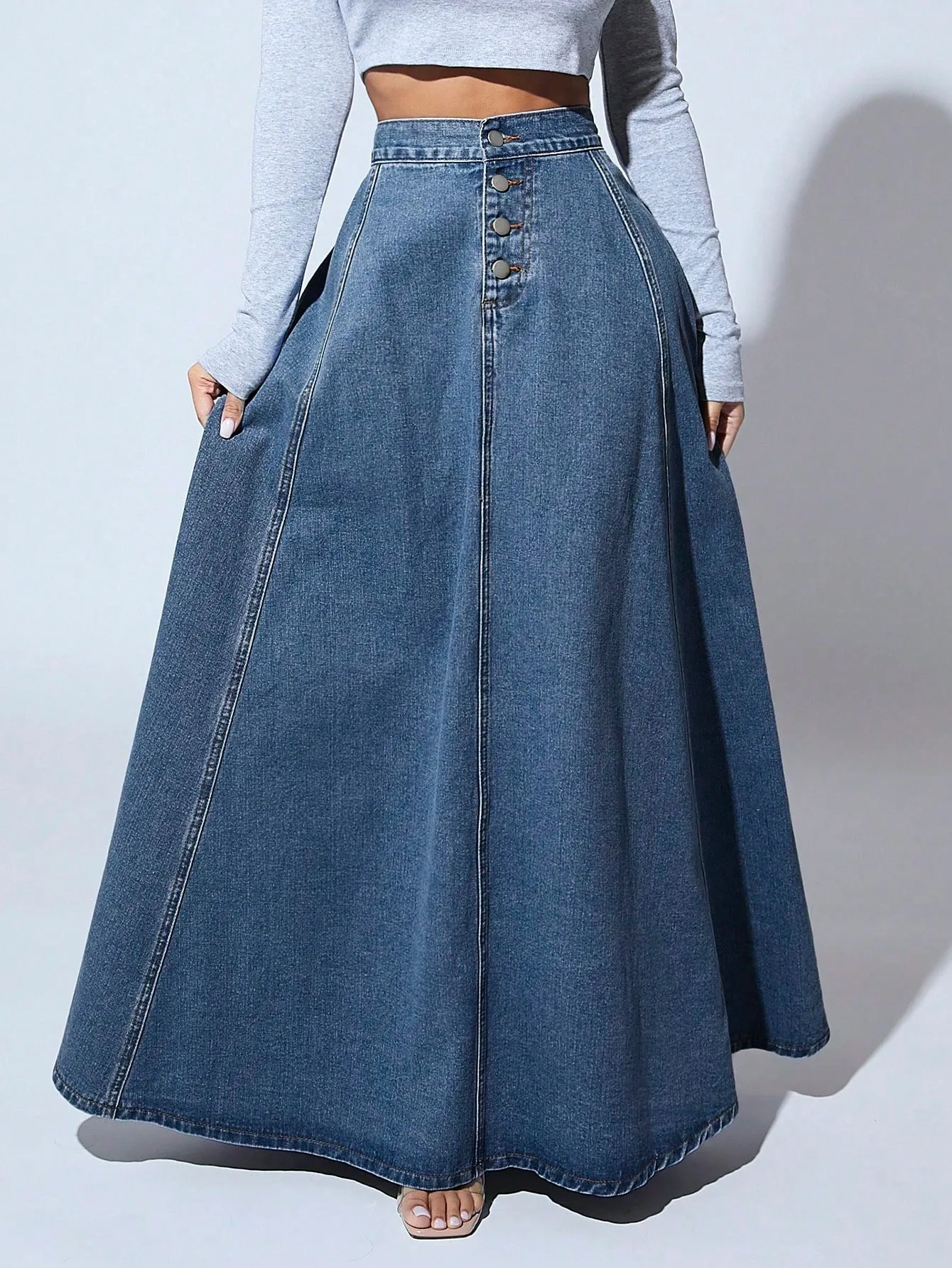 High Waist Button Fly Flare Skirt