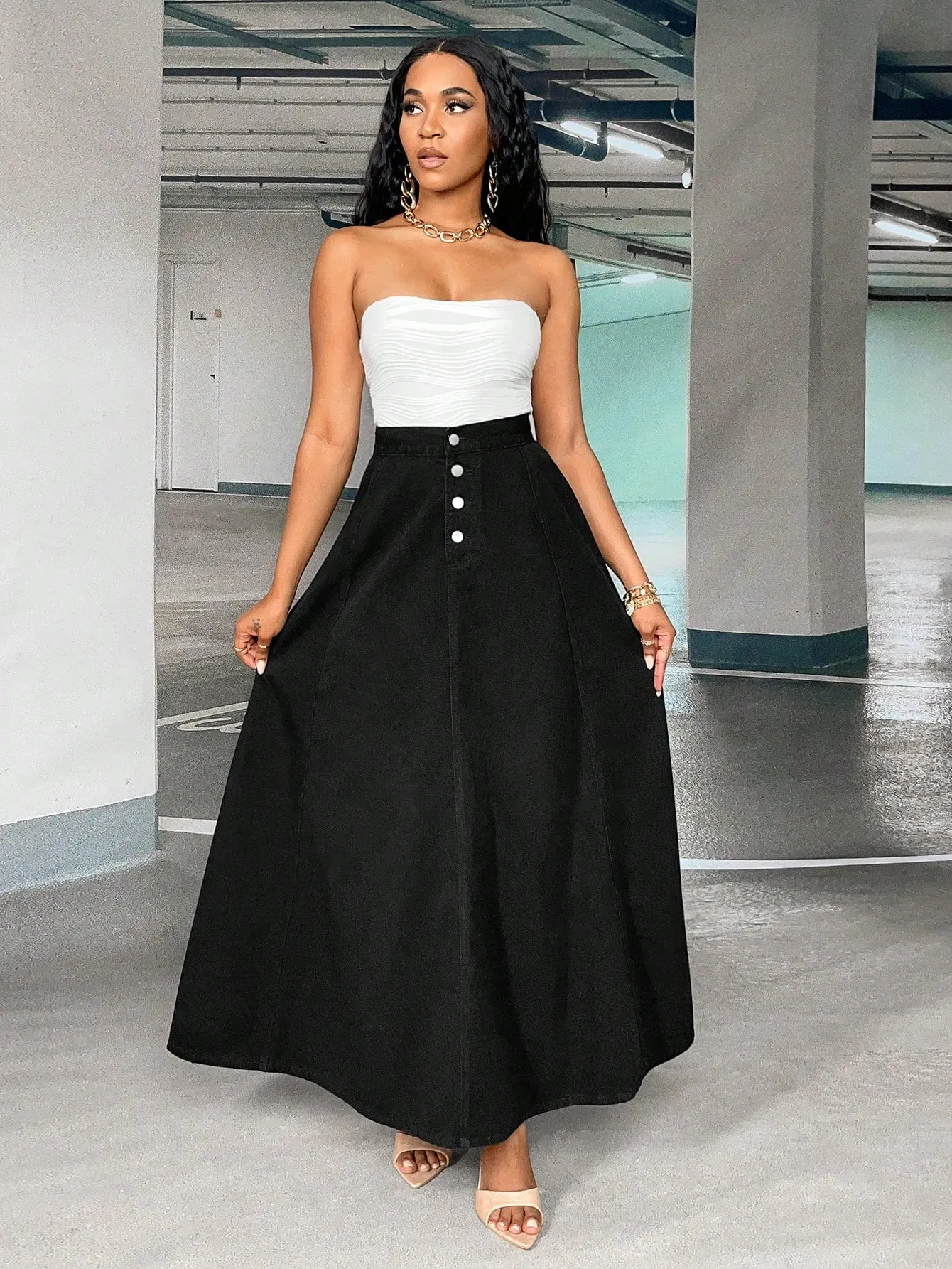 High Waist Button Fly Flare Skirt