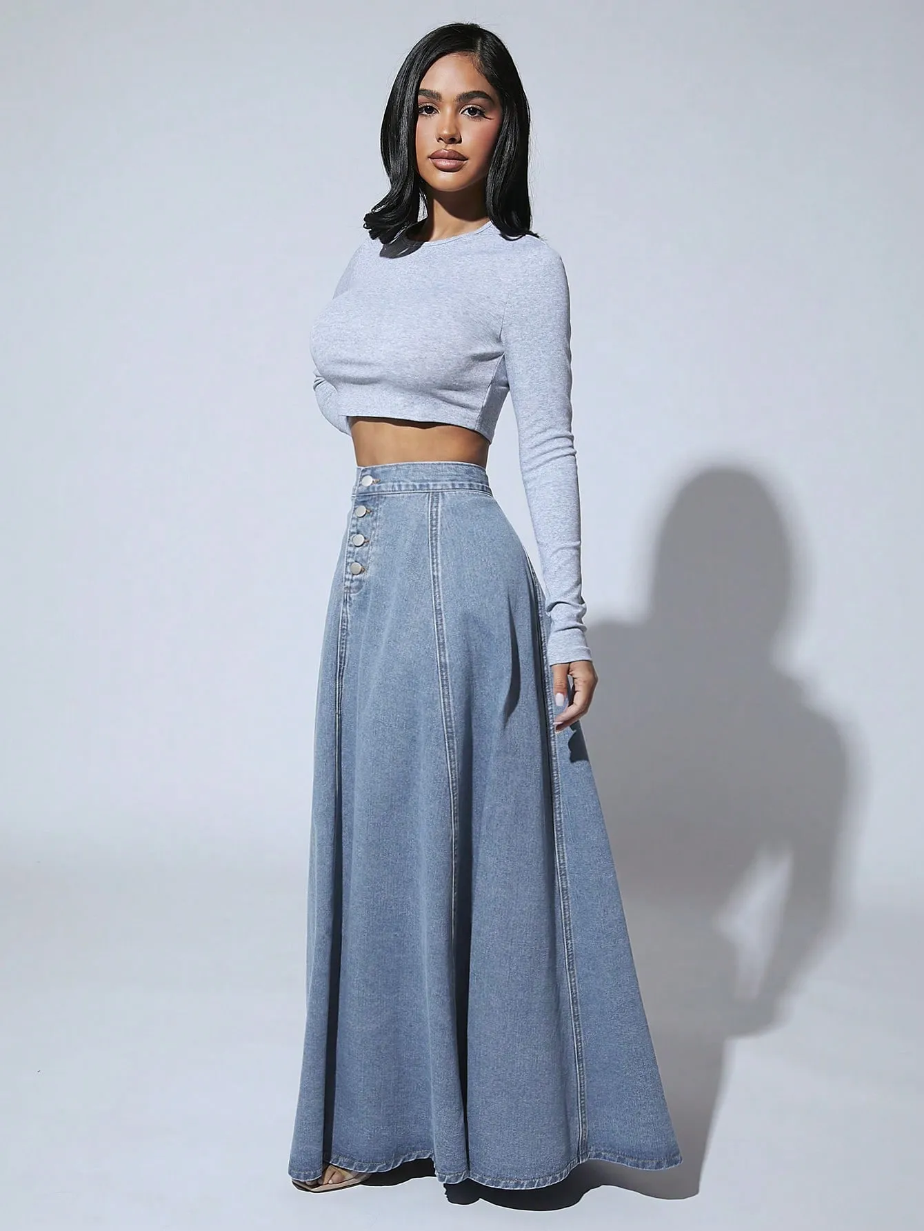 High Waist Button Fly Flare Skirt