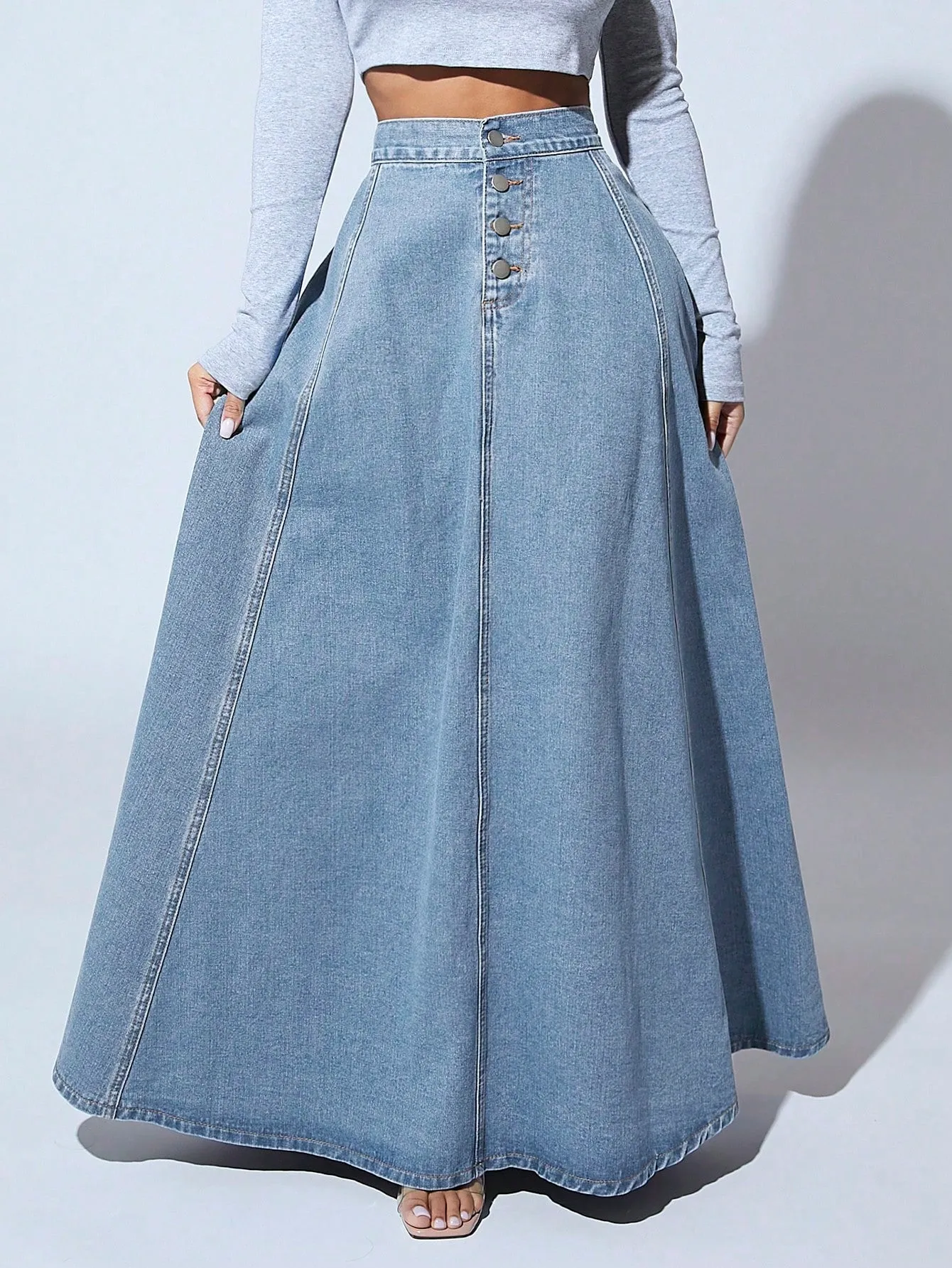 High Waist Button Fly Flare Skirt