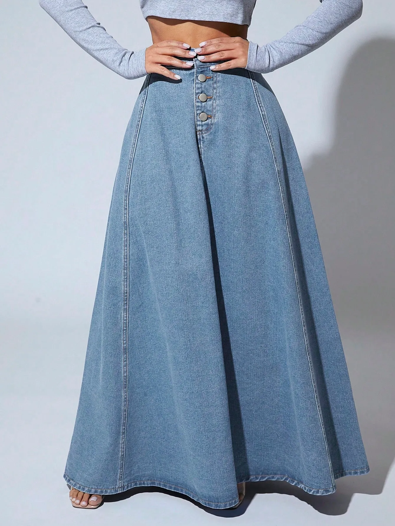 High Waist Button Fly Flare Skirt