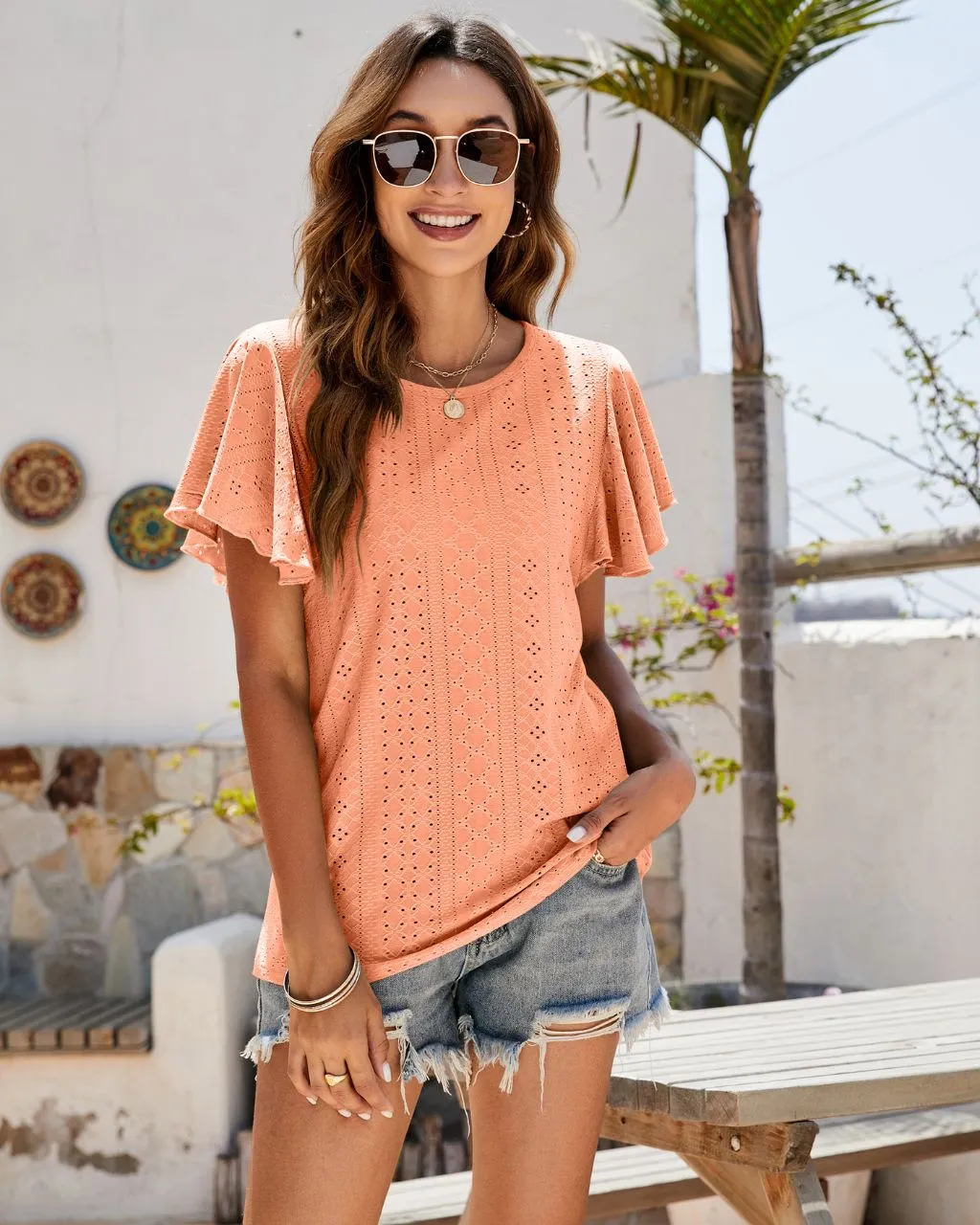 Holly Eyelet Butterfly Sleeve Top - Peach