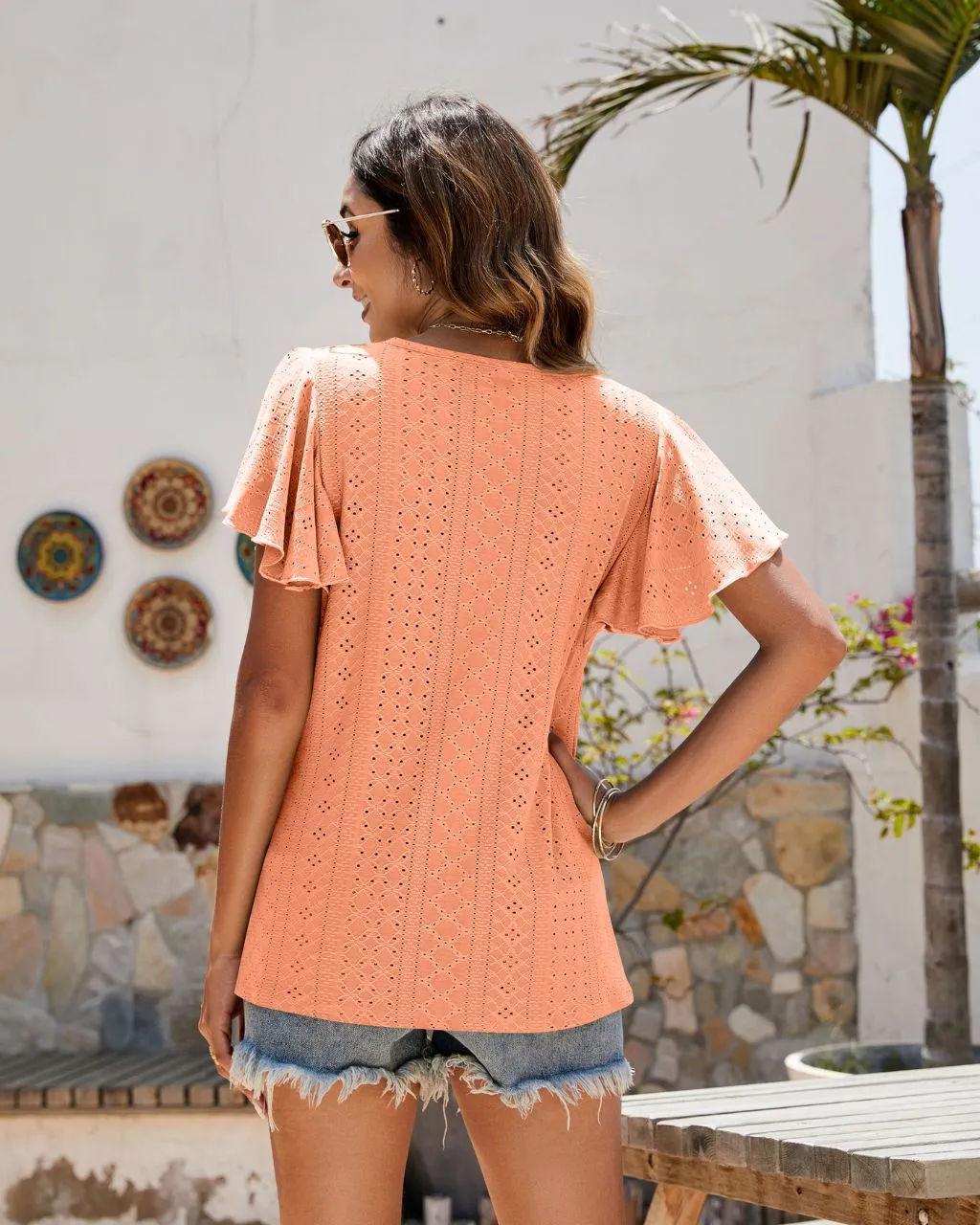 Holly Eyelet Butterfly Sleeve Top - Peach