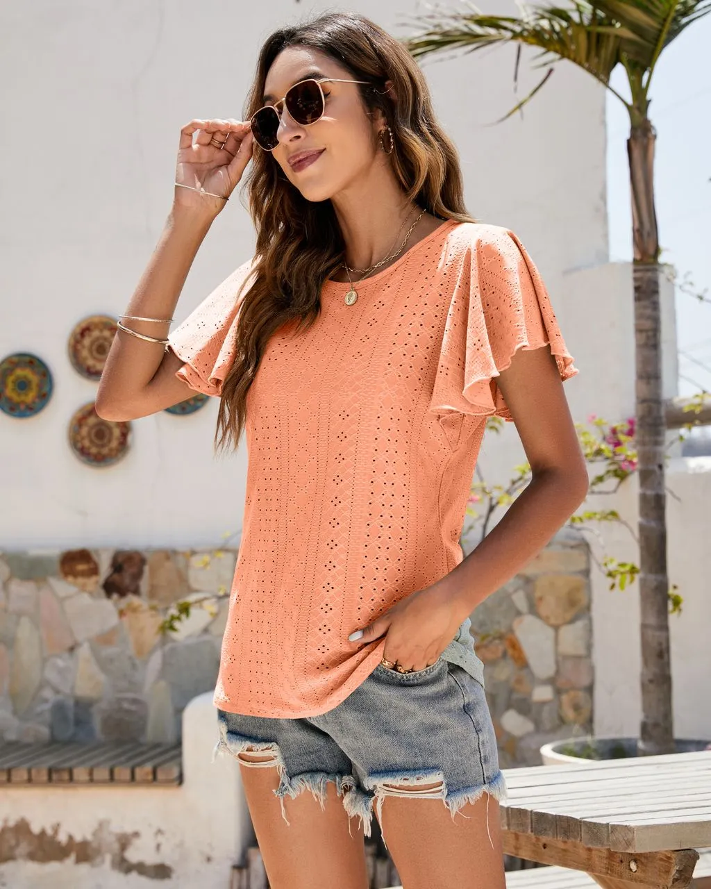 Holly Eyelet Butterfly Sleeve Top - Peach