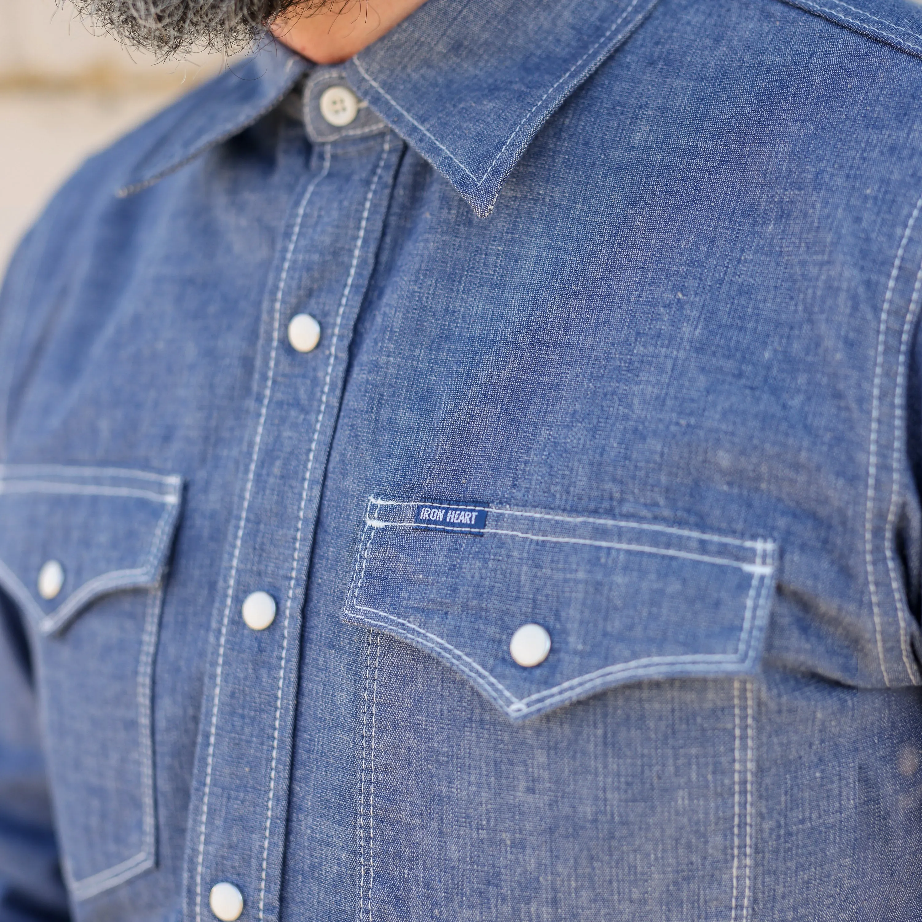 Iron Heart IHSH-13-BLU Selvedge Chambray Western Shirt Blue