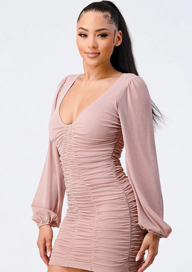 Johana Glitter Double Ruched Long-Sleeved Mini Dress