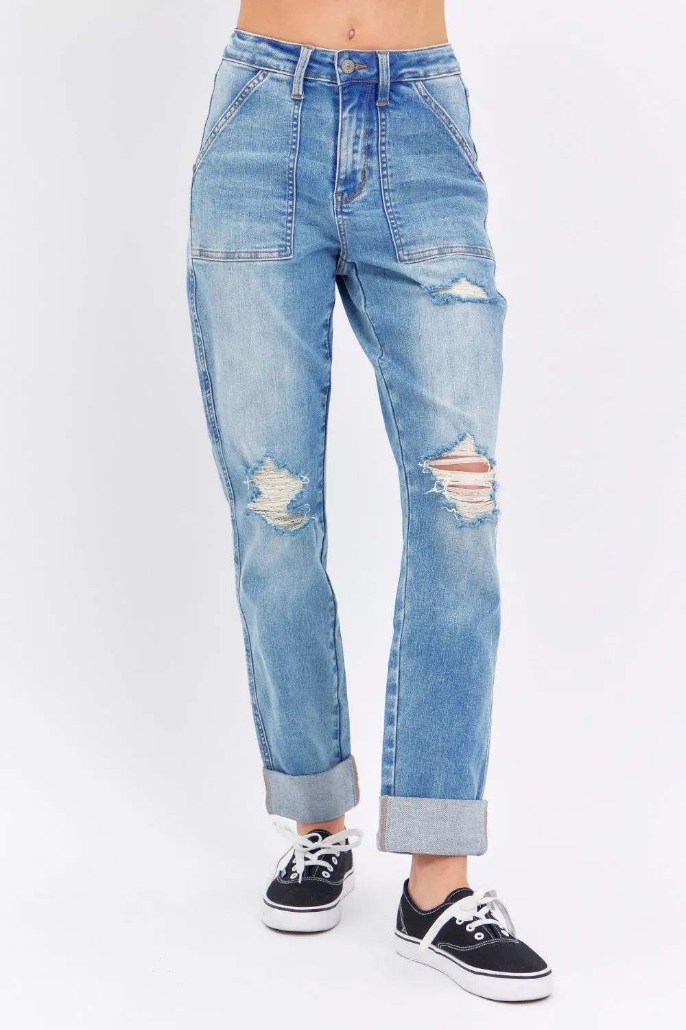 Judy Blue Distressed Straight Jeans with Patch Pockets