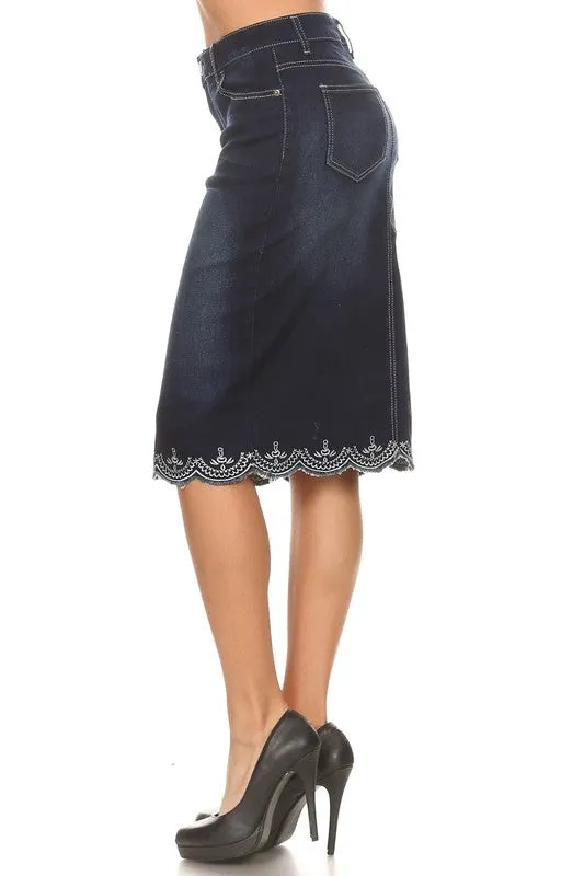 Lacy Detail Jean Skirt-Dark Wash