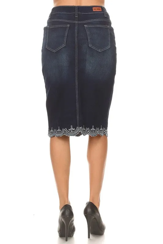 Lacy Detail Jean Skirt-Dark Wash