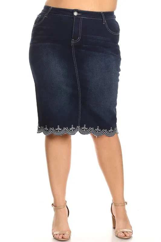 Lacy Detail Jean Skirt-Dark Wash