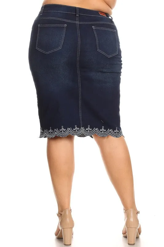 Lacy Detail Jean Skirt-Dark Wash