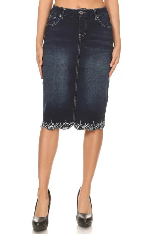 Lacy Detail Jean Skirt-Dark Wash