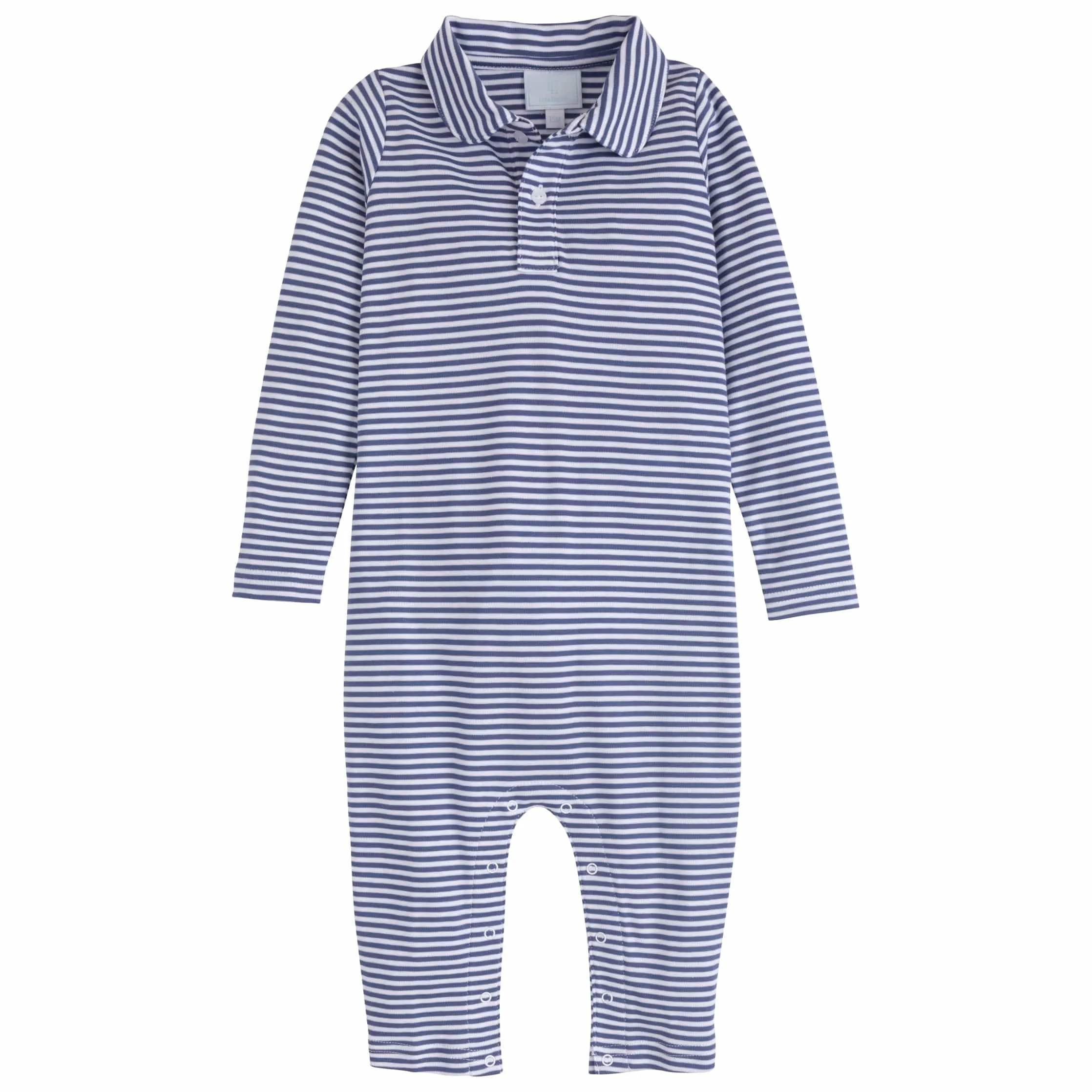 Long Sleeve Striped Polo Romper - Gray Blue