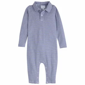 Long Sleeve Striped Polo Romper - Gray Blue