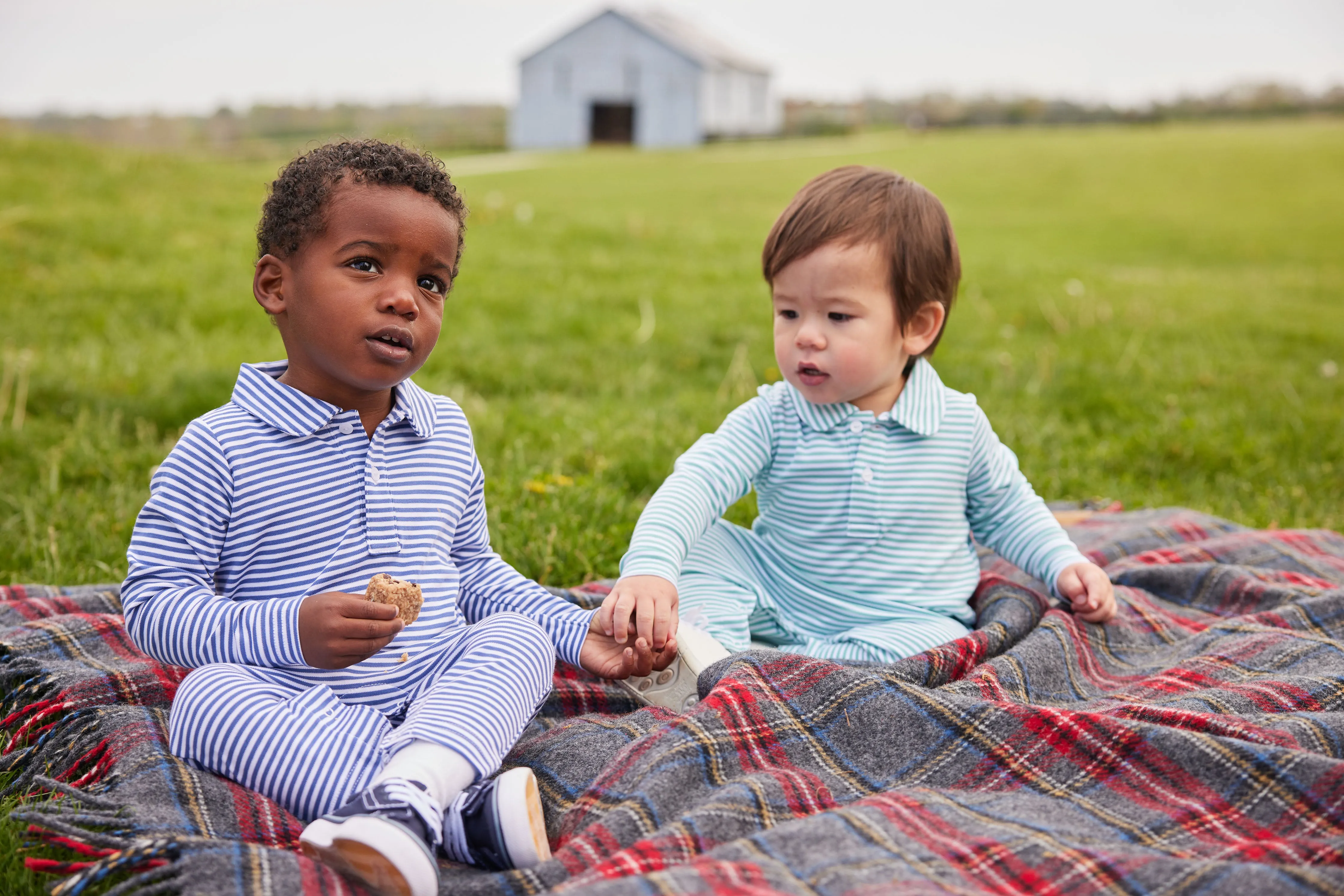 Long Sleeve Striped Polo Romper - Gray Blue