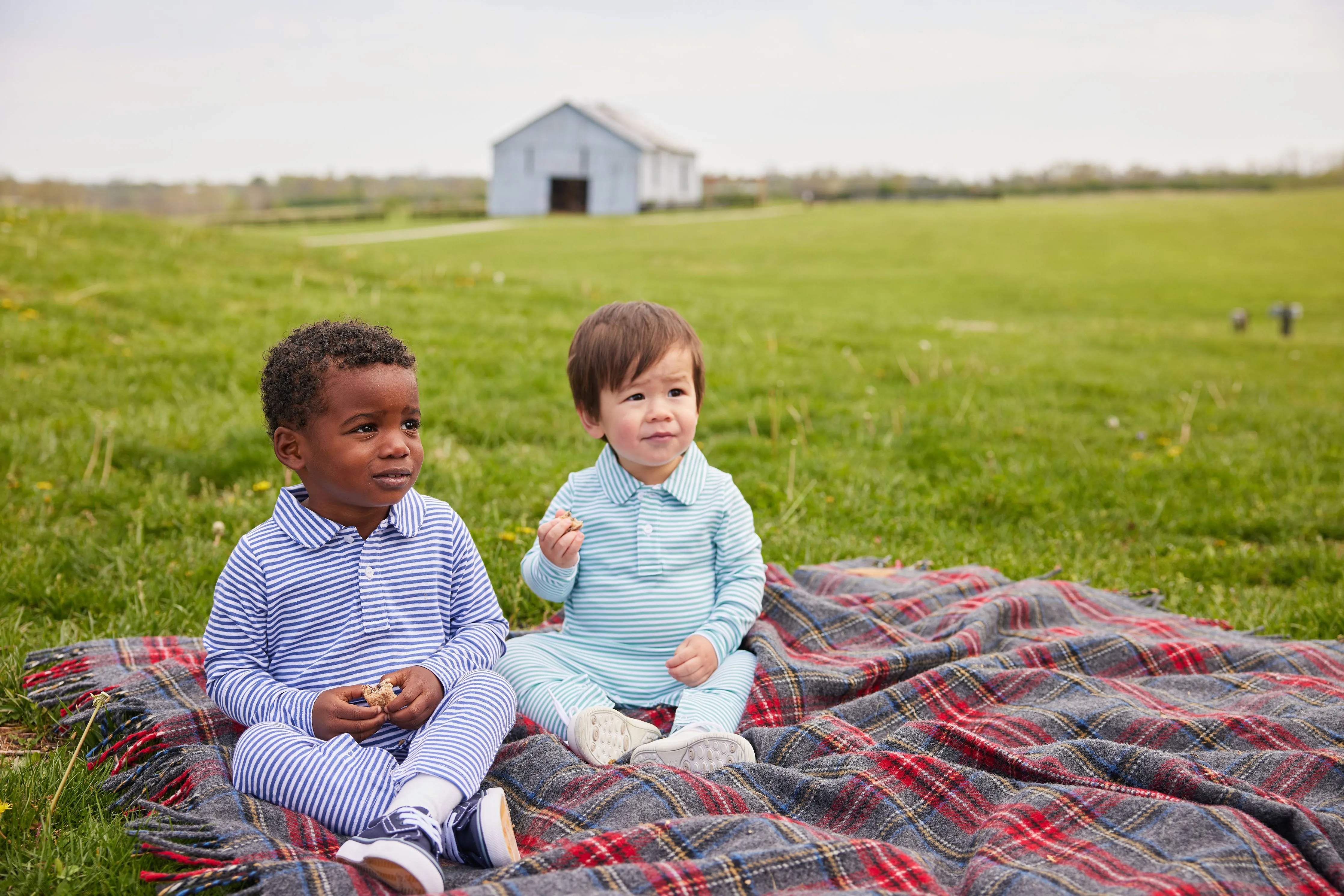 Long Sleeve Striped Polo Romper - Gray Blue