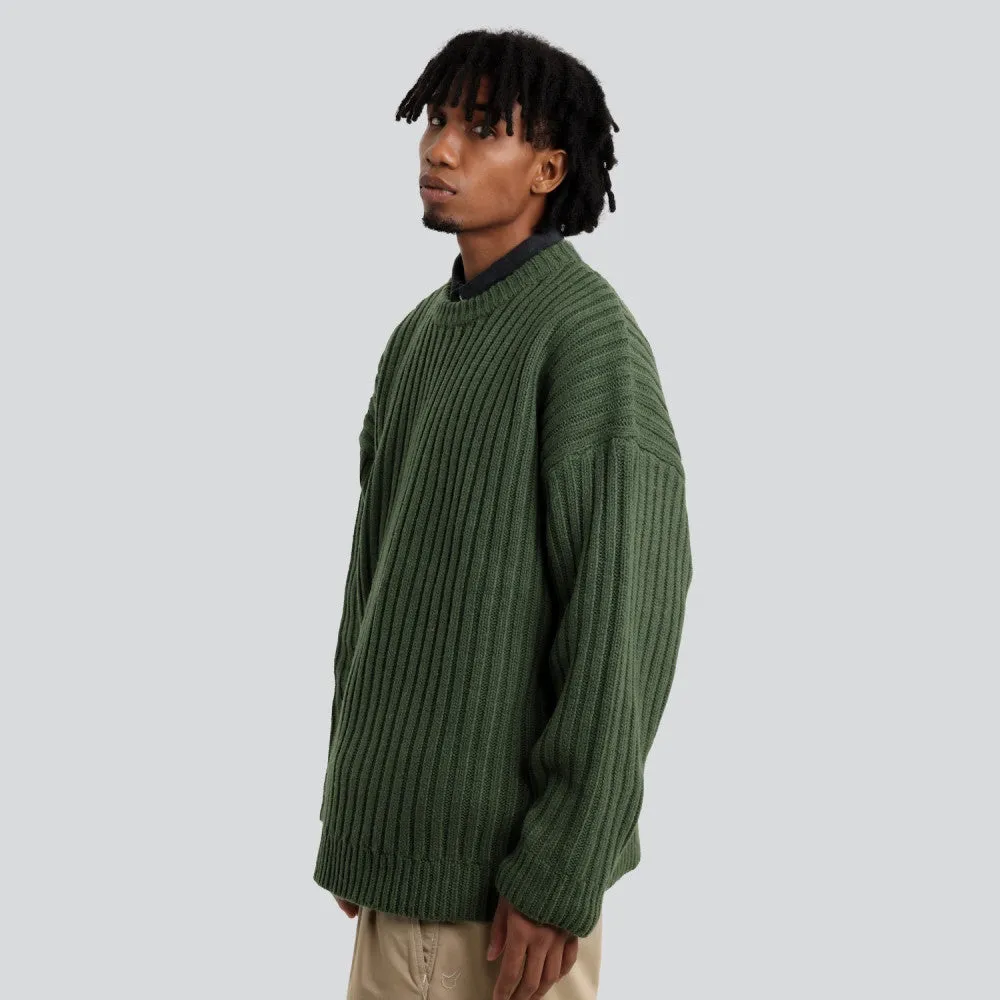 MADNESS RIBBED CREW KNIT SWEATER-GREEN