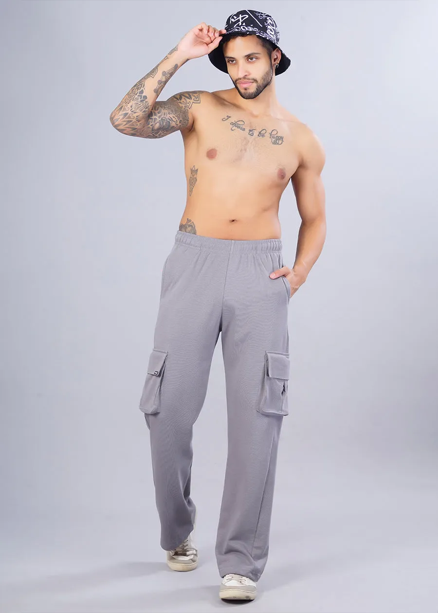 Men Premium Terry Cargo Pants - Ash Grey