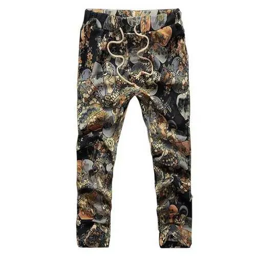 Mens Fashion Summer Slim Casual Joggers Pants Flower Printing Linen Trousers