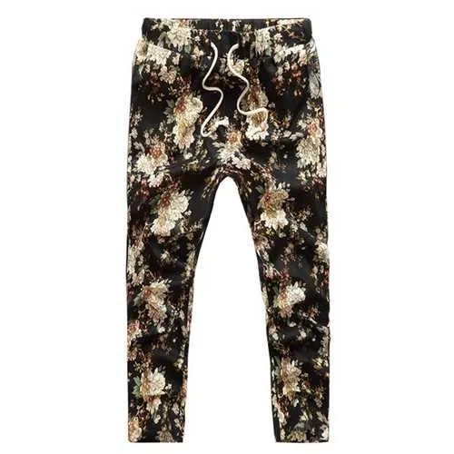 Mens Fashion Summer Slim Casual Joggers Pants Flower Printing Linen Trousers