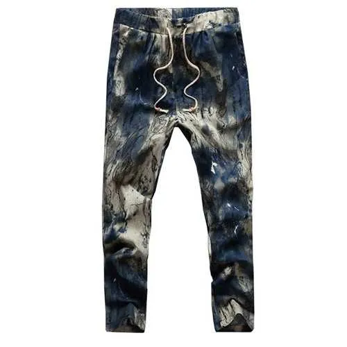 Mens Fashion Summer Slim Casual Joggers Pants Flower Printing Linen Trousers