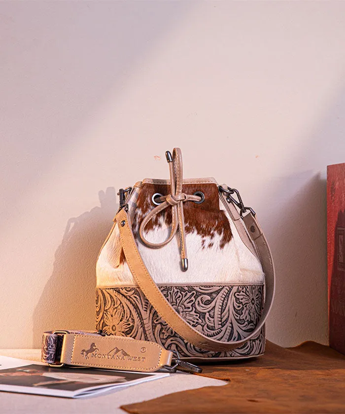 Montana West Cowhide Tooled Bucket Bag