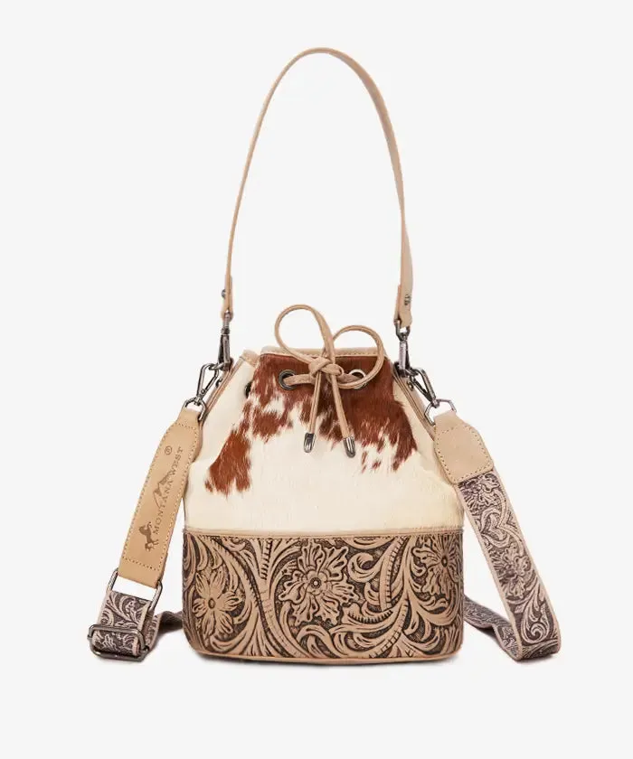 Montana West Cowhide Tooled Bucket Bag