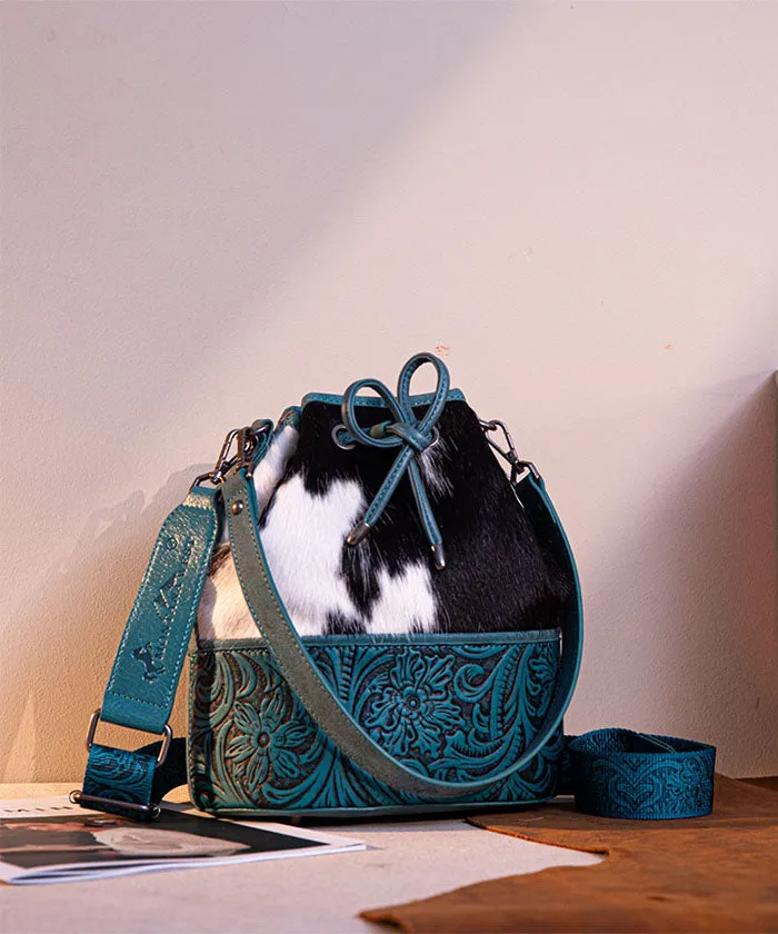 Montana West Cowhide Tooled Bucket Bag