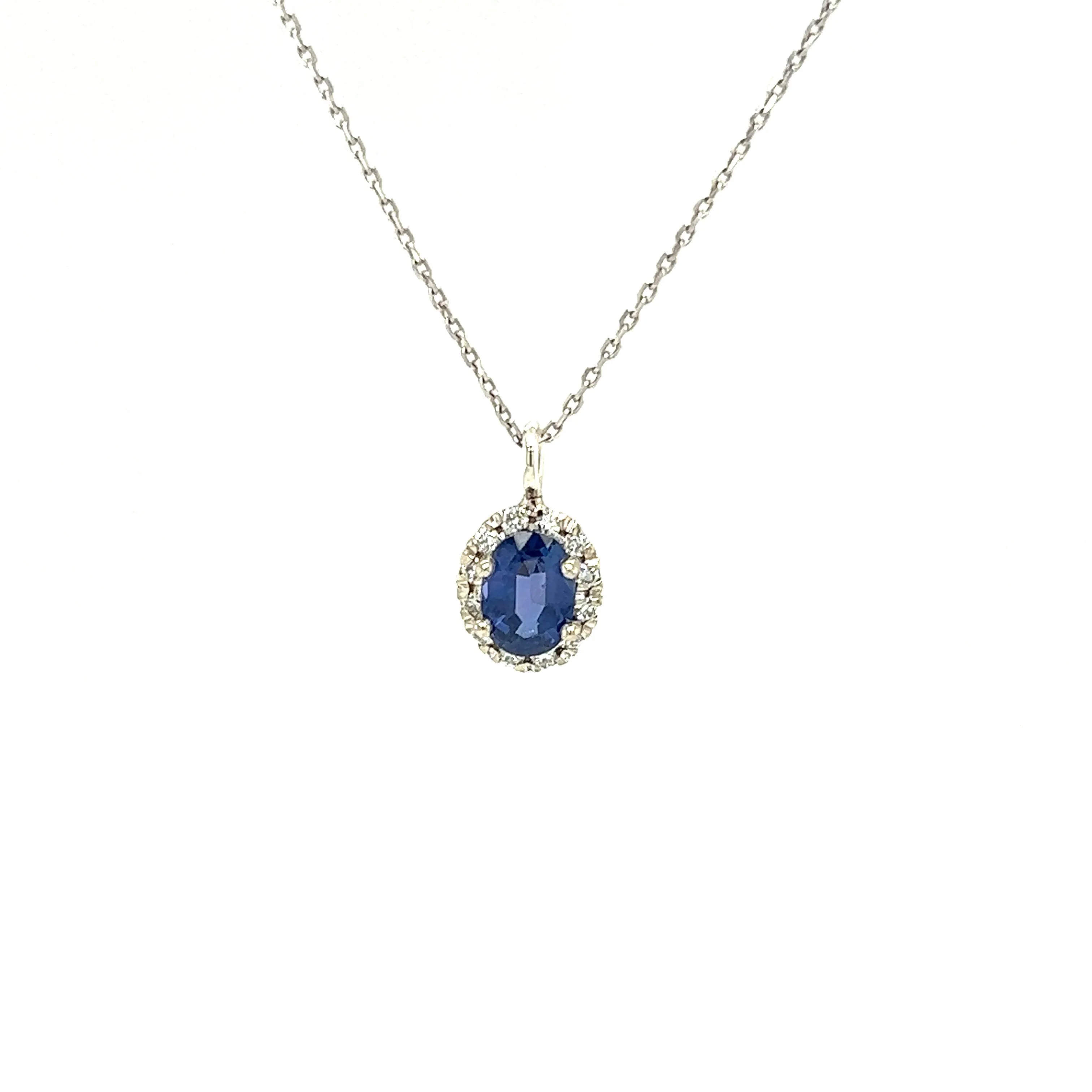 Oval Blue Sapphire Pendant with 0.24ctw of Diamonds in 14K White Gold