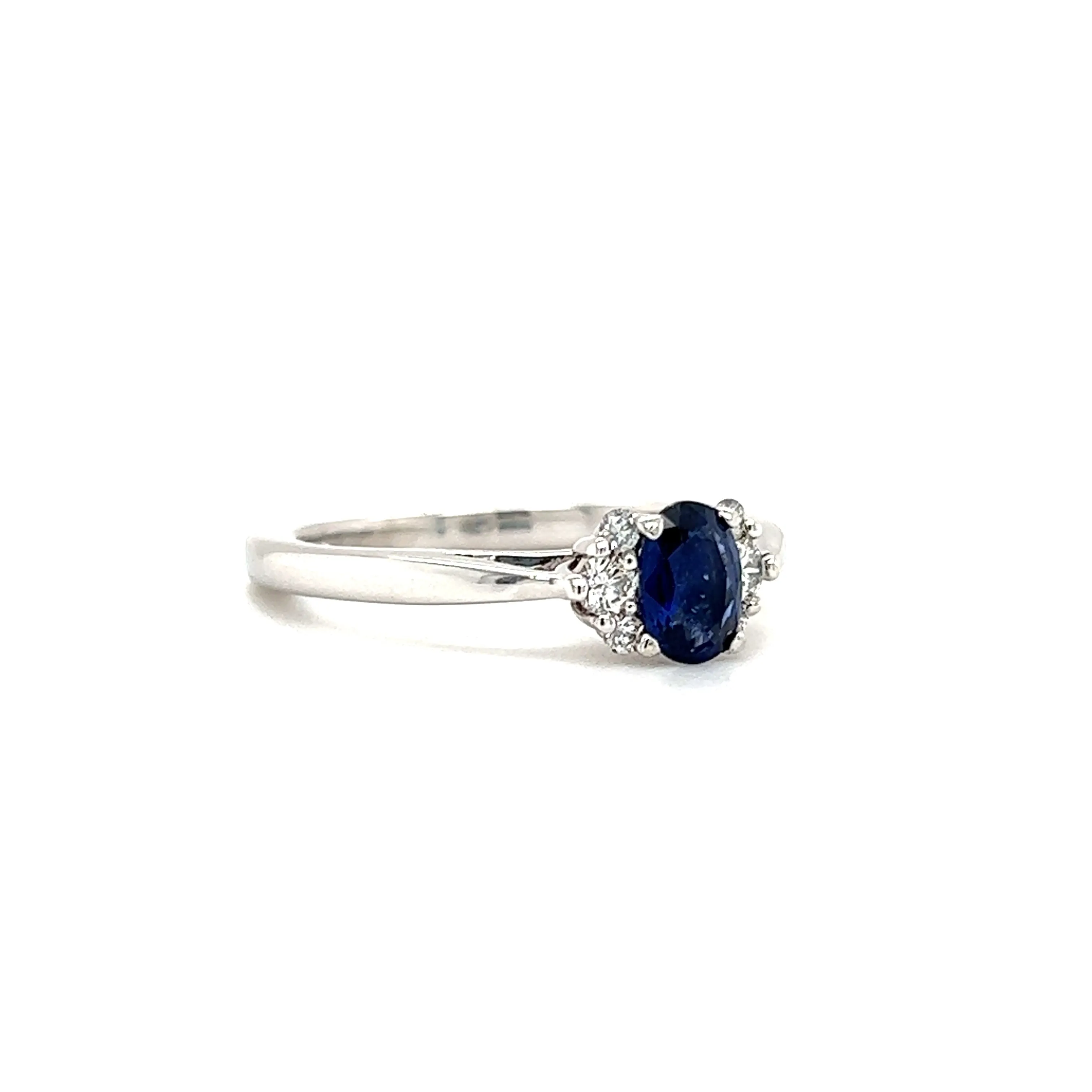 Oval Sapphire Ring with Six Side Diamonds in 14K White Gold