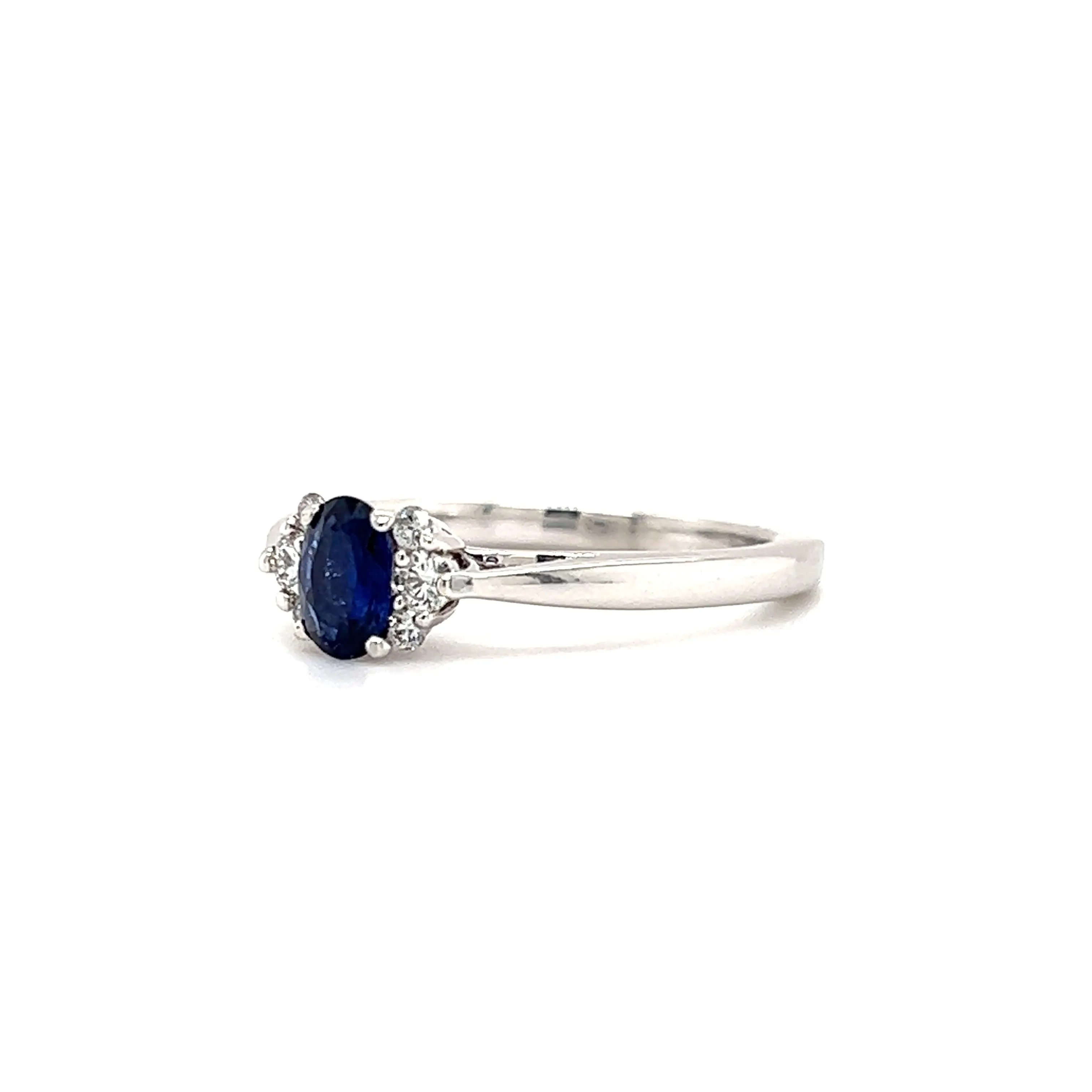 Oval Sapphire Ring with Six Side Diamonds in 14K White Gold