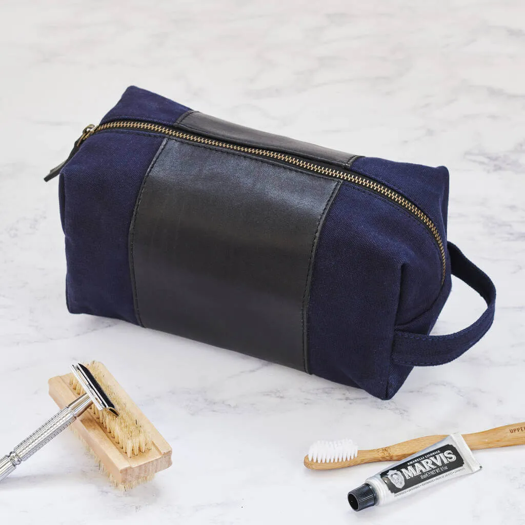 Personalised Canvas Leather Panel Wash Bag