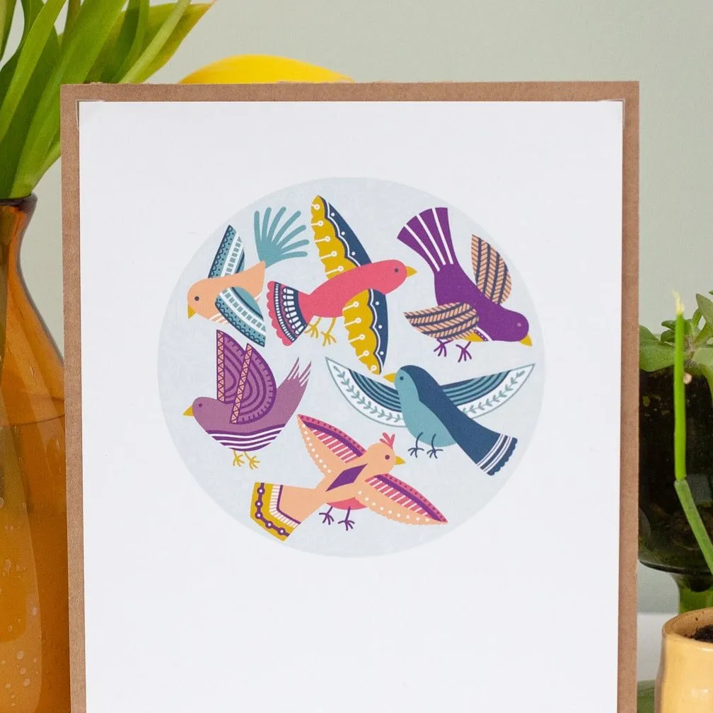 playful birds in a circle art print, bay beach happy hour digital art print, bird art for your wall