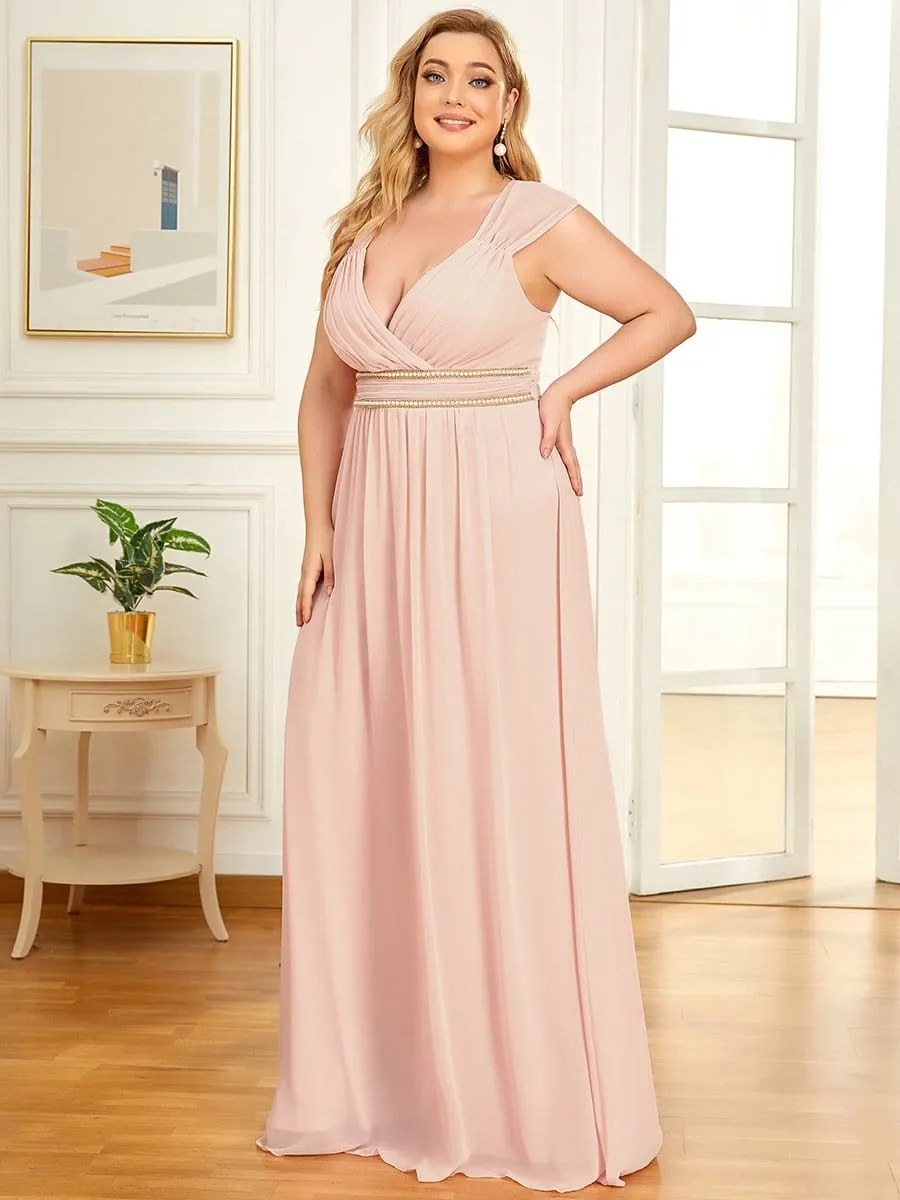 Plus Size Sleeveless Beaded Belt Chiffon Formal Evening Dress