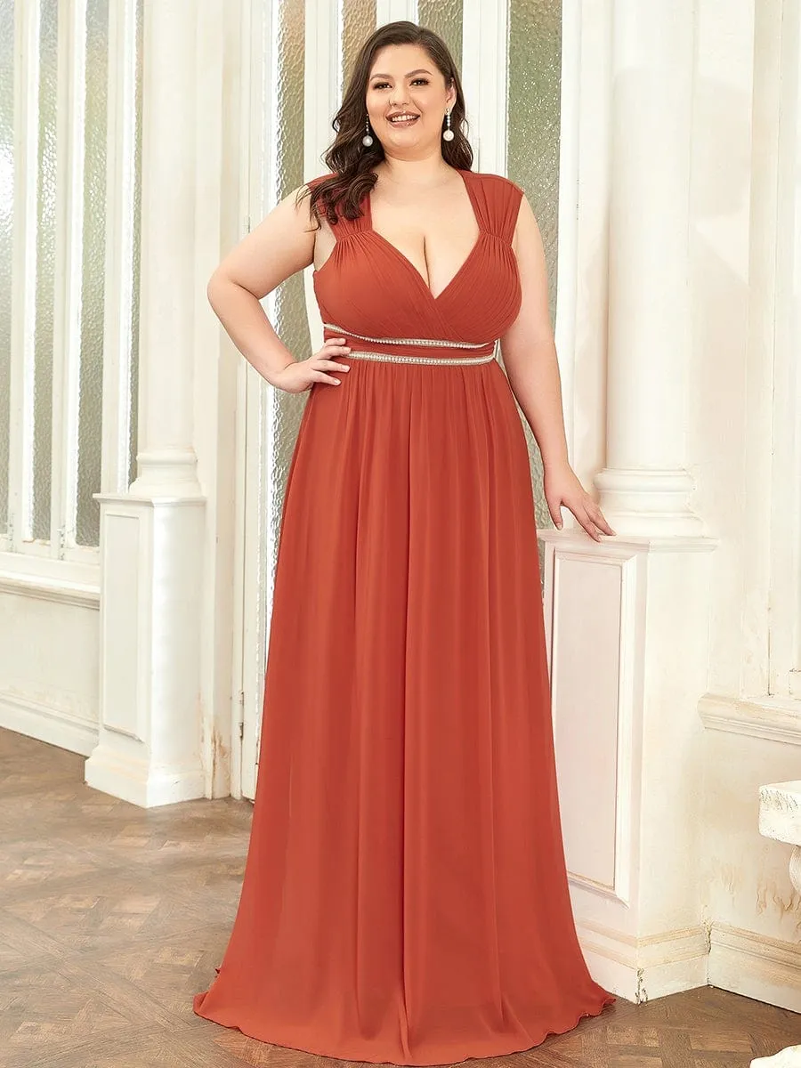 Plus Size Sleeveless Beaded Belt Chiffon Formal Evening Dress