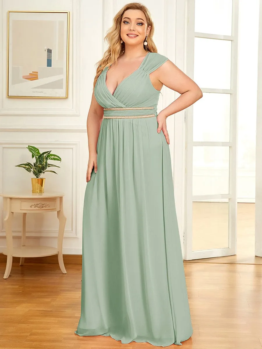 Plus Size Sleeveless Beaded Belt Chiffon Formal Evening Dress